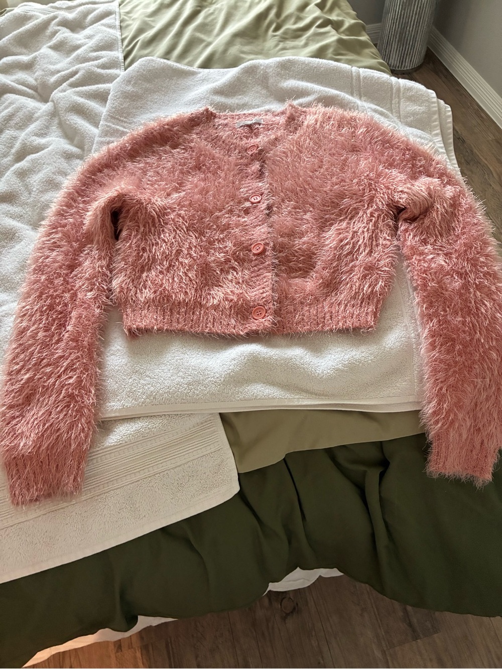 Blush Fuzzy Rose-Pink Cropped Button Cardigan